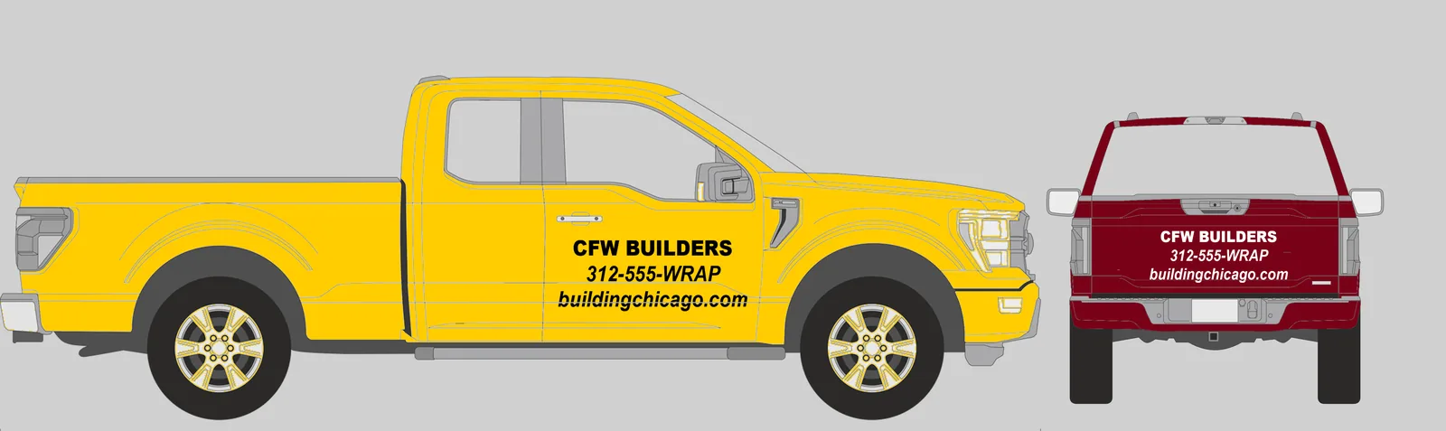 Die-cut vinyl graphics example — three lines (business name, phone, website) applied to both sides and the rear of a vehicle by Chicago Fleet Wraps