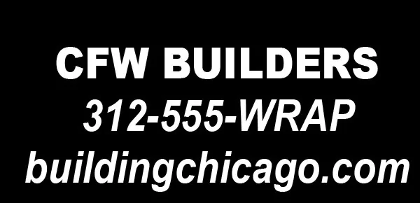 White die-cut vinyl lettering sample — Chicago Fleet Wraps Grow Chicago example showing CFW BUILDERS / 312-555-WRAP / buildingchicago.com