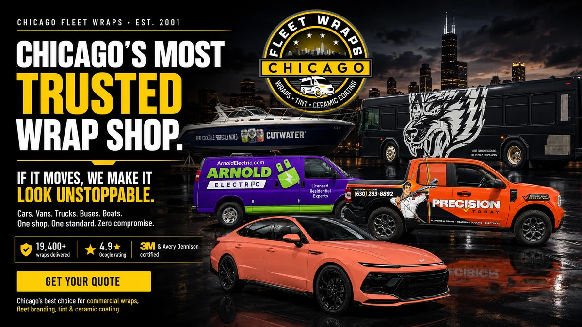 Chicago's most trusted wrap shop: Chicago Fleet Wraps hero showing five real client wraps including Arnold Electric van, Precision Today pickup, Cutwater boat and Aries Transportation bus against the night skyline