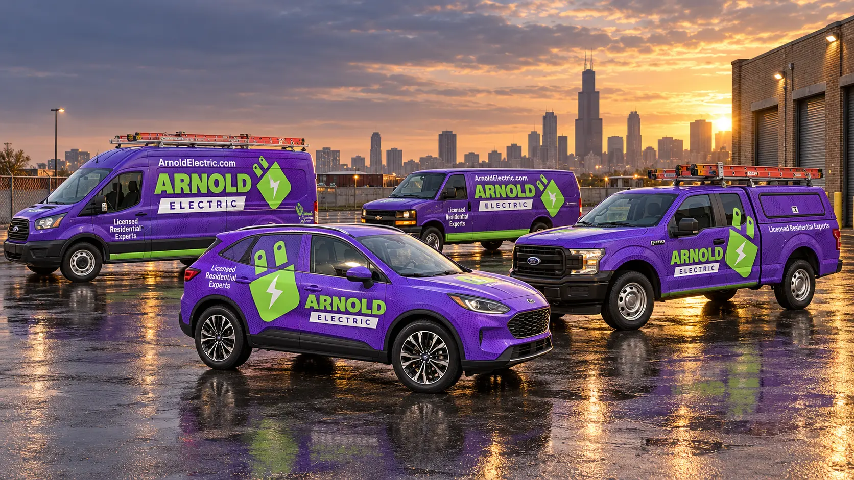 Arnold Electric mixed service fleet presentation with wrapped vans, pickup truck, and SUV