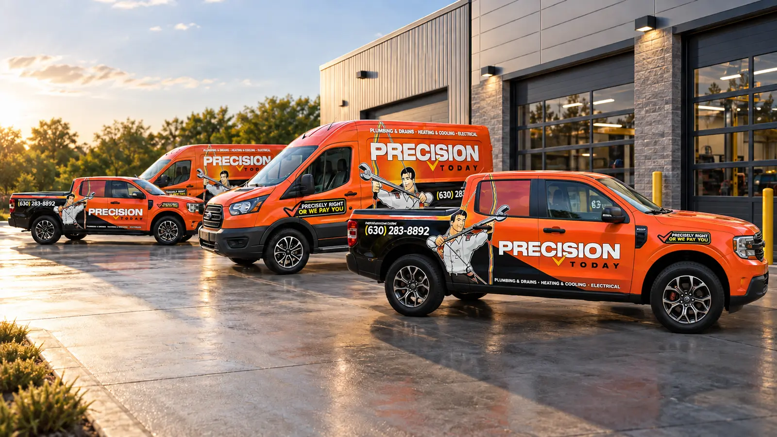 Precision Today mixed service fleet presentation with wrapped vans and pickup trucks