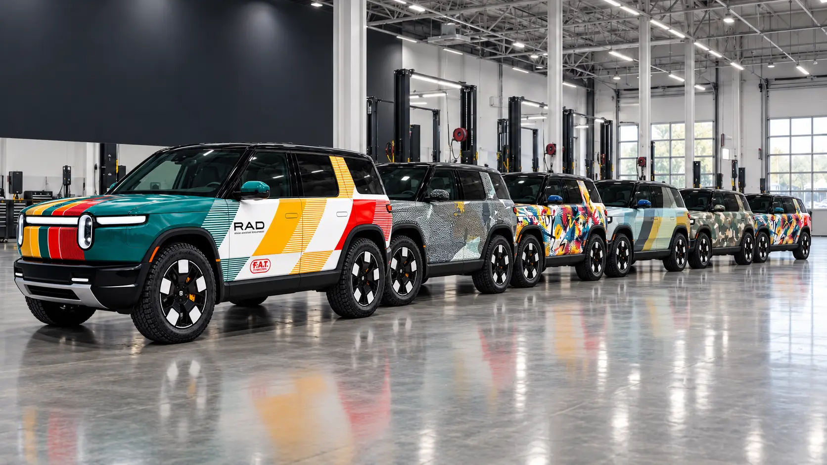 Multi-vehicle Rivian fleet wrap presentation in a service facility