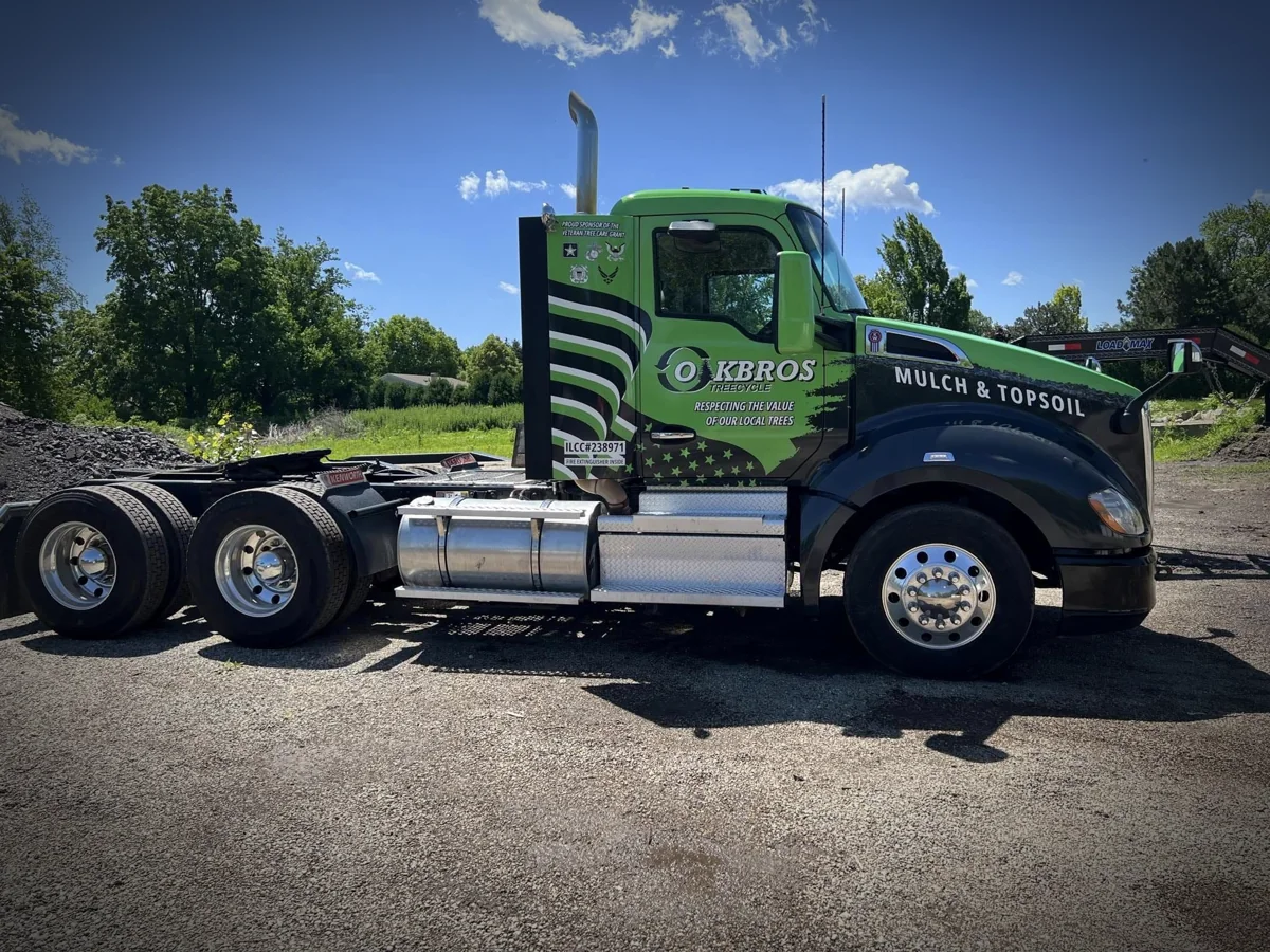Oak Bros Treecycle Kenworth day-cab tractor wrap by Chicago Fleet Wraps
