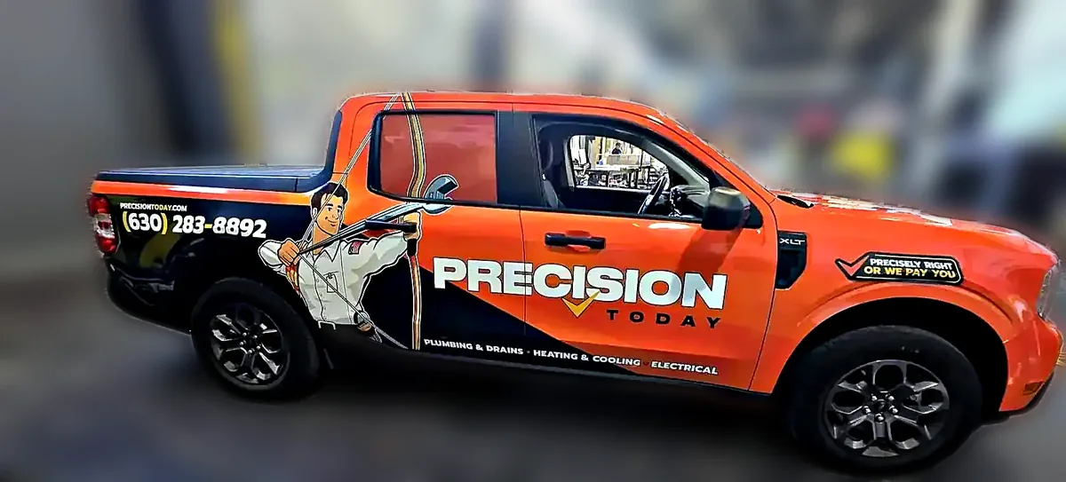 Precision Today plumbing and HVAC pickup truck full wrap installed by Chicago Fleet Wraps