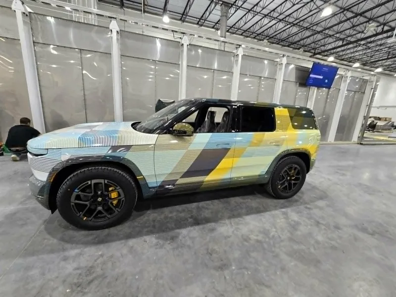 Rivian R2S geometric stripe launch wrap installed by Chicago Fleet Wraps