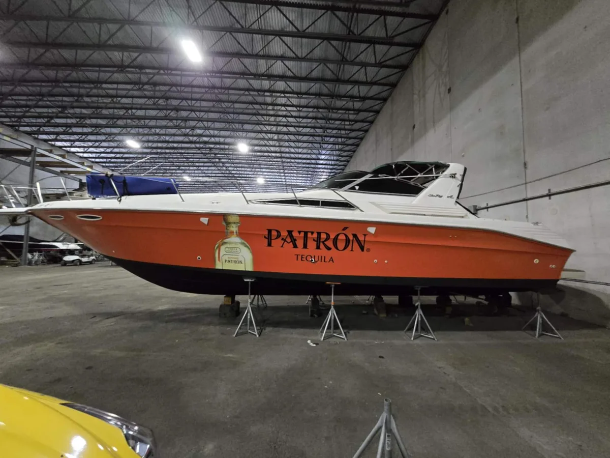 Patron Tequila boat wrap — sponsor integration